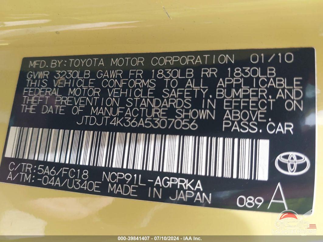 JTDJT4K36A5307056 2010 TOYOTA YARIS photo no. 9