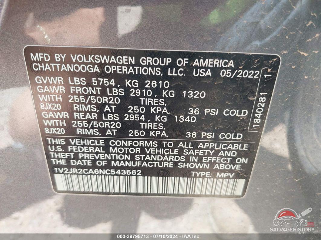 1V2JR2CA6NC543562 2022 VOLKSWAGEN ATLAS photo no. 9
