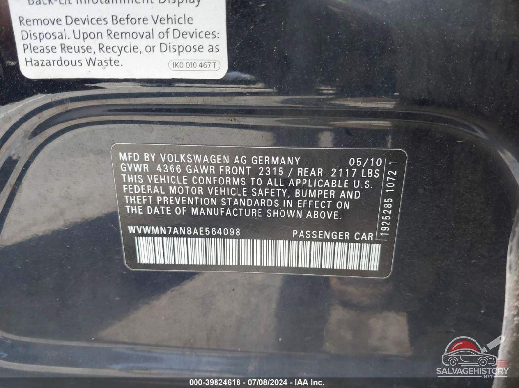 WVWMN7AN8AE564098 2010 VOLKSWAGEN CC photo no. 9