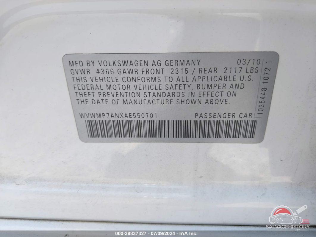 WVWMP7ANXAE550701 2010 VOLKSWAGEN CC photo no. 9