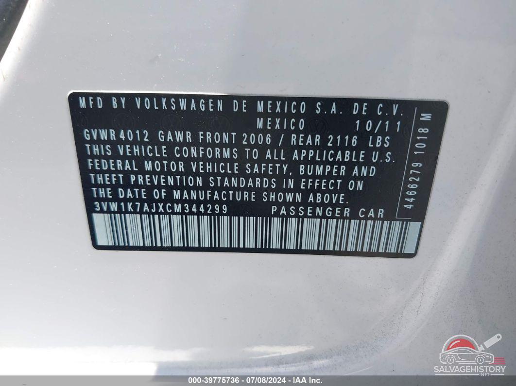 3VW1K7AJXCM344299 2012 VOLKSWAGEN JETTA photo no. 9