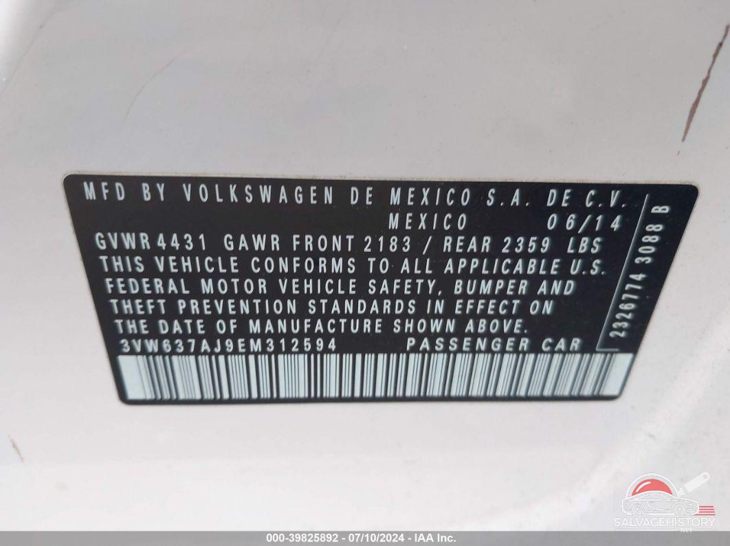 3VW637AJ9EM312594 2014 VOLKSWAGEN JETTA SEDAN photo no. 9