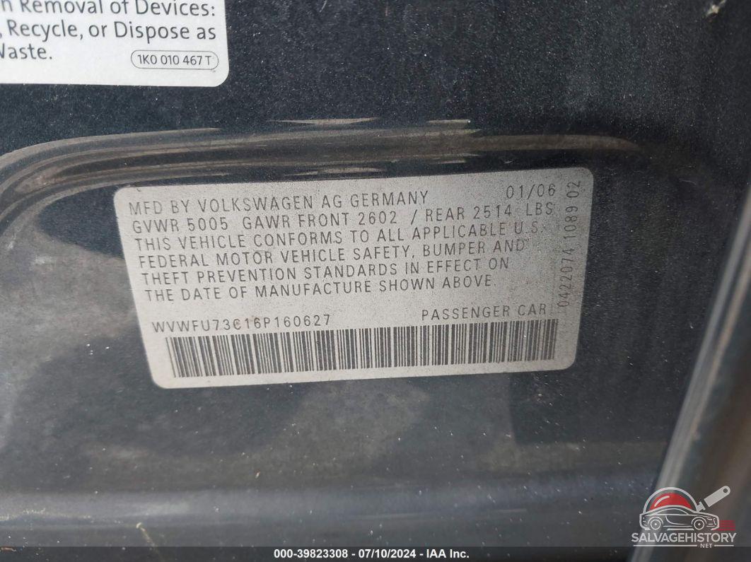 WVWFU73C16P160627 2006 VOLKSWAGEN PASSAT photo no. 9