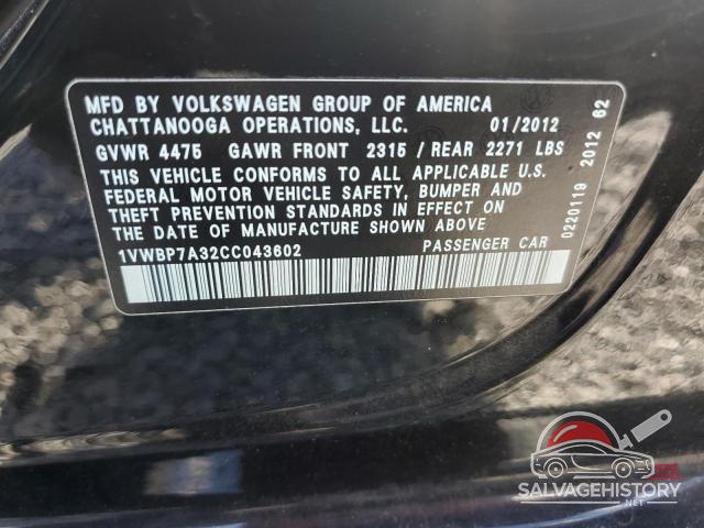 1VWBP7A32CC043602 2012 VOLKSWAGEN PASSAT photo no. 12