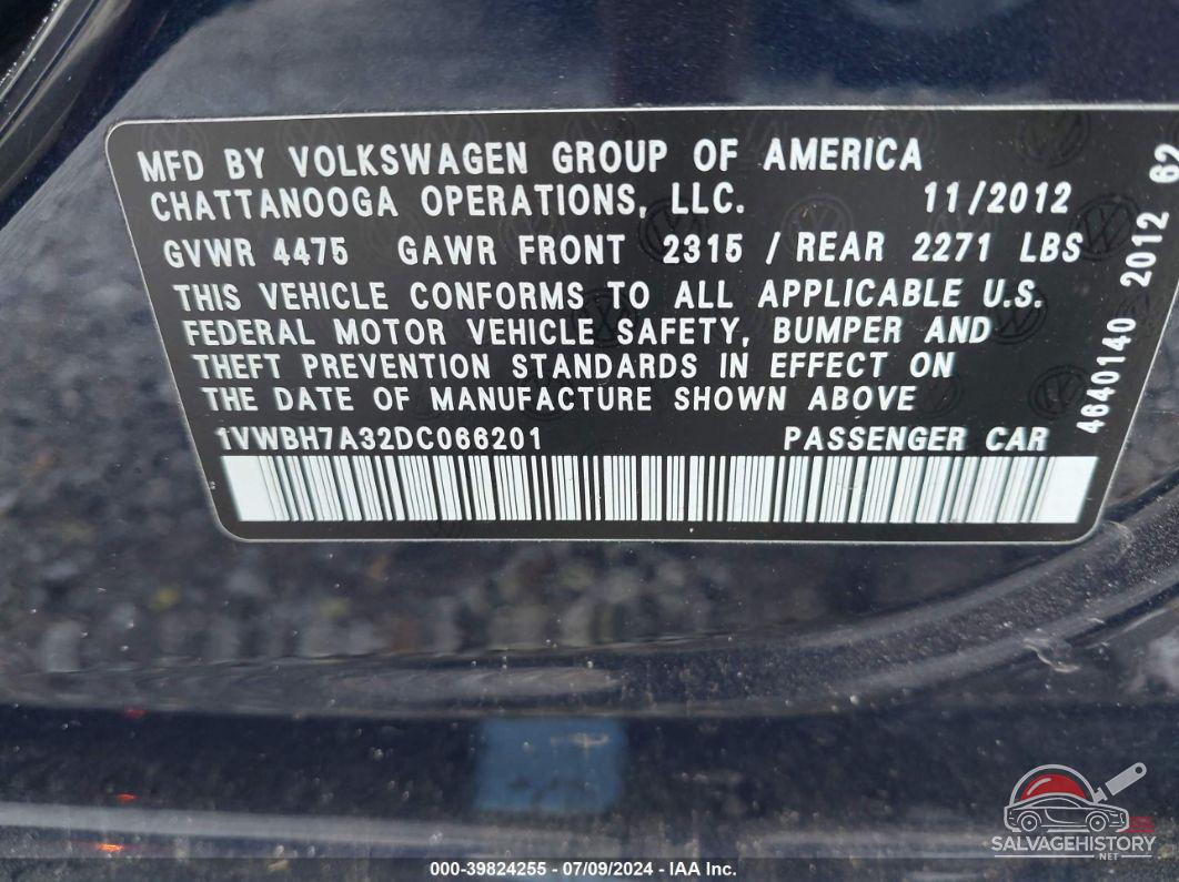 1VWBH7A32DC066201 2013 VOLKSWAGEN PASSAT photo no. 9