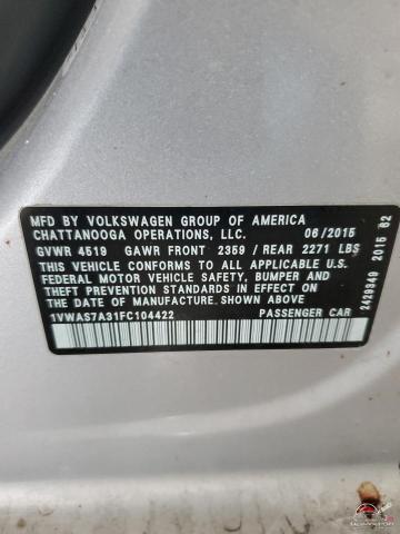 1VWAS7A31FC104422 2015 VOLKSWAGEN PASSAT photo no. 12