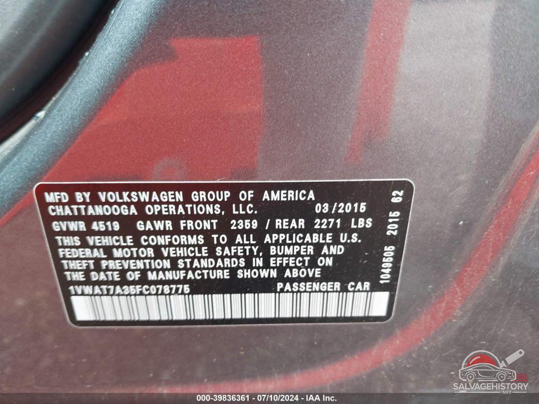 1VWAT7A35FC078775 2015 VOLKSWAGEN PASSAT photo no. 9