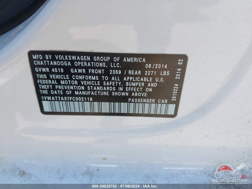 1VWAT7A37FC002118 2015 VOLKSWAGEN PASSAT photo no. 9