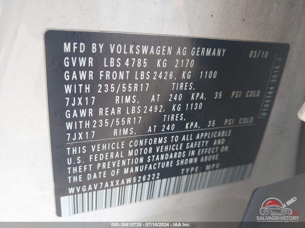 WVGAV7AXXAW526222 2010 VOLKSWAGEN TIGUAN photo no. 9