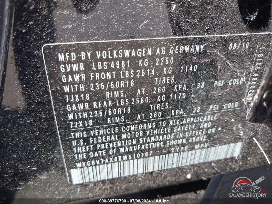 WVGBV7AX6BW510167 2011 VOLKSWAGEN TIGUAN photo no. 9