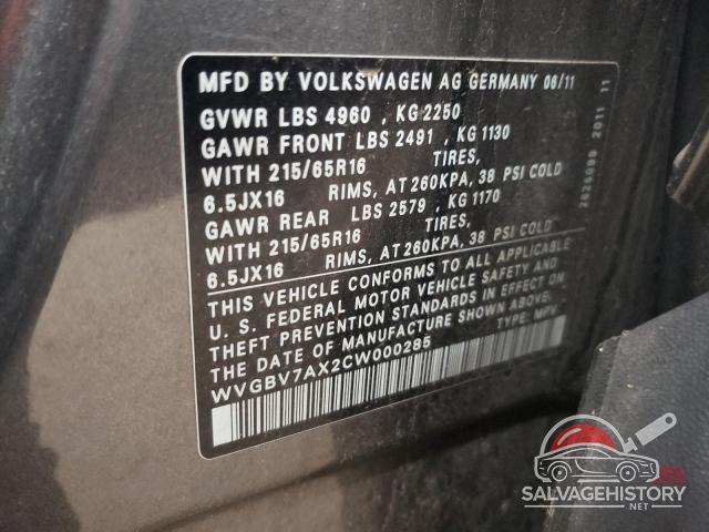 WVGBV7AX2CW000285 2012 VOLKSWAGEN TIGUAN photo no. 12