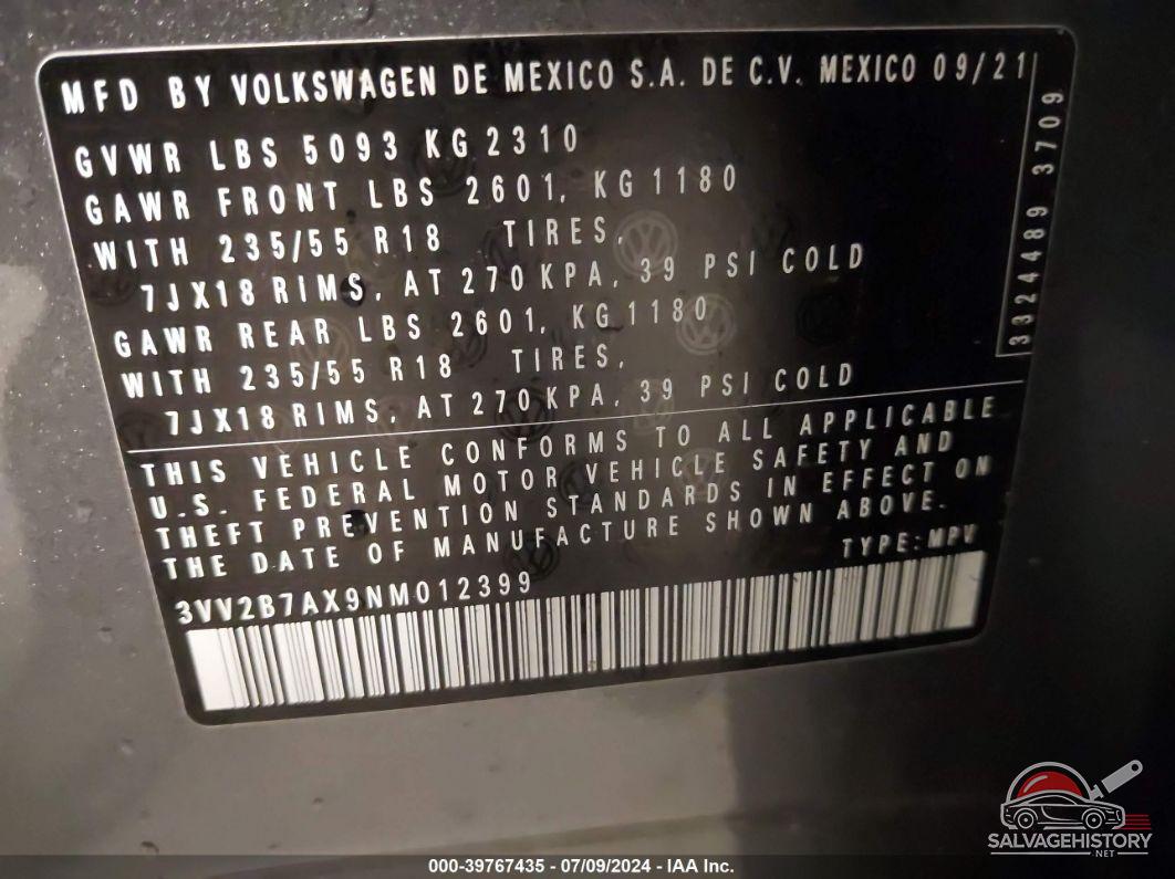3VV2B7AX9NM012399 2022 VOLKSWAGEN TIGUAN photo no. 9