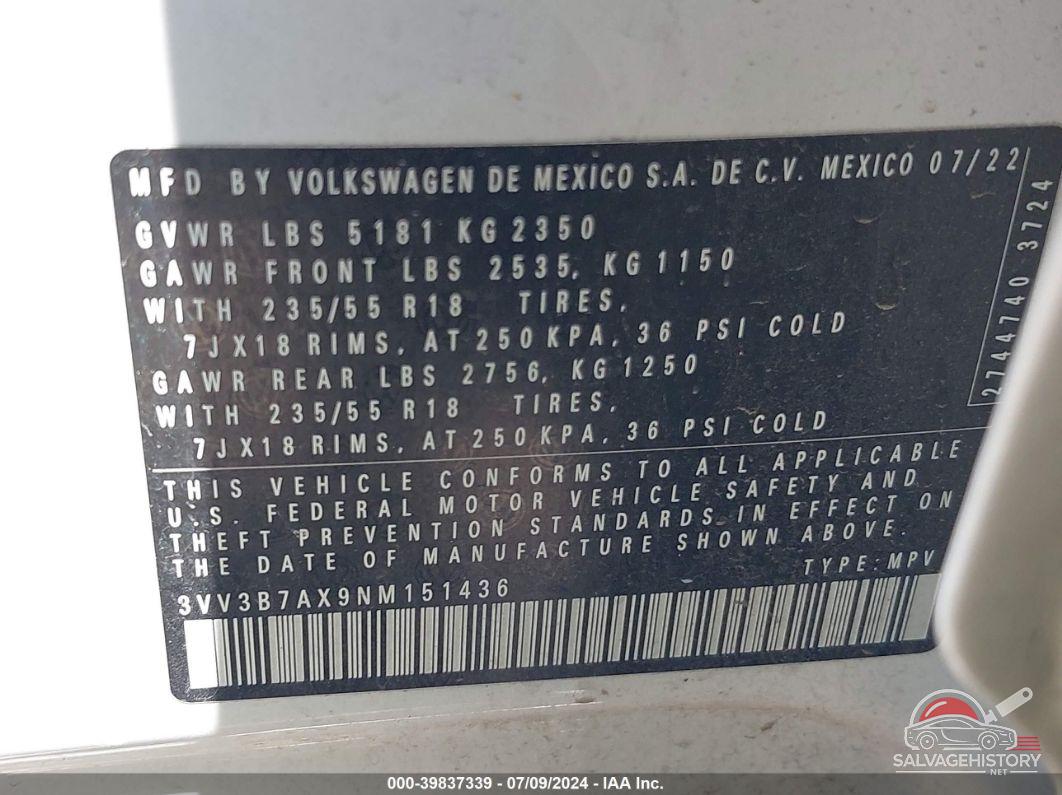 3VV3B7AX9NM151436 2022 VOLKSWAGEN TIGUAN photo no. 9