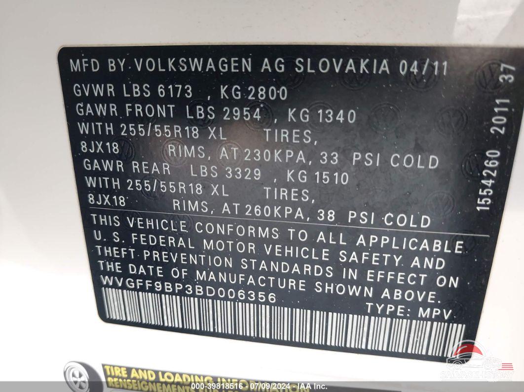 WVGFF9BP3BD006356 2011 VOLKSWAGEN TOUAREG photo no. 9