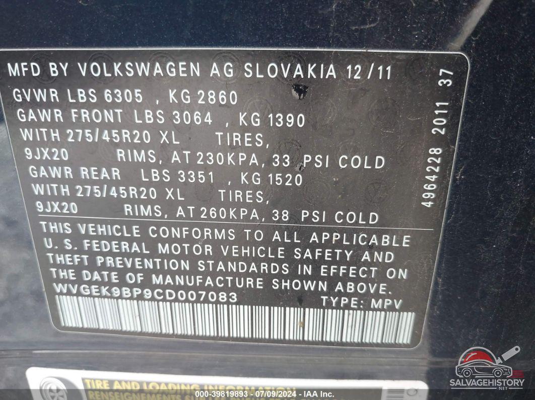 WVGEK9BP9CD007083 2012 VOLKSWAGEN TOUAREG photo no. 9