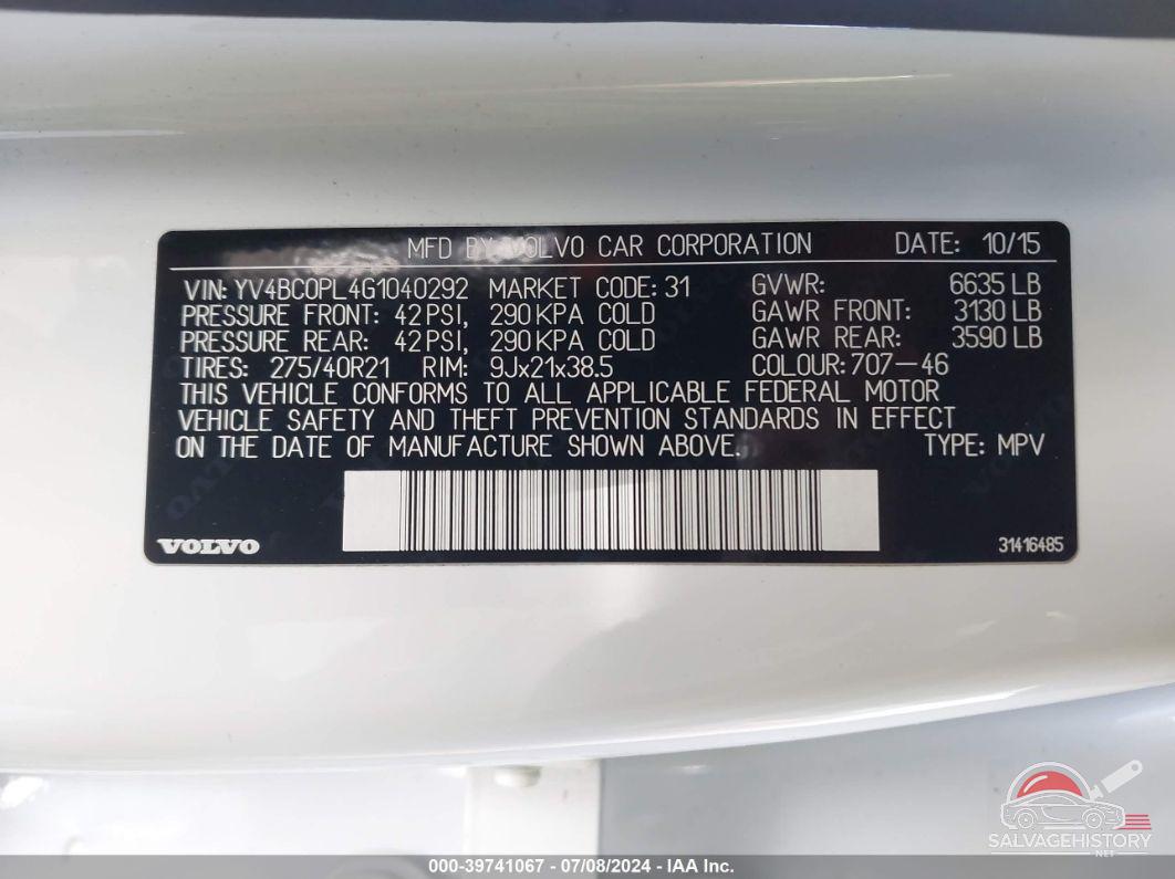 YV4BC0PL4G1040292 2016 VOLVO XC90 HYBRID photo no. 9