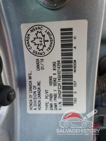 2HGFC2F74GH014394 2016 HONDA CIVIC photo no. 13