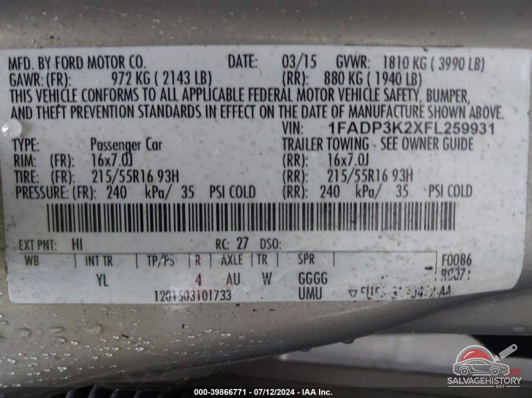 1FADP3K2XFL259931 2015 FORD FOCUS photo no. 9
