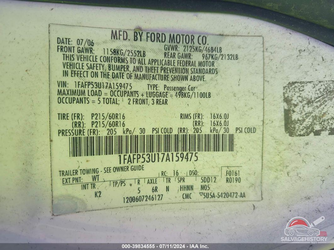 1FAFP53U17A159475 2007 FORD TAURUS photo no. 9