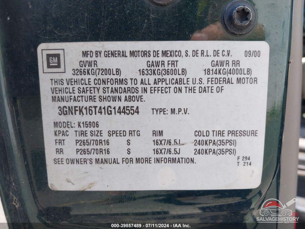 3GNFK16T41G144554 2001 CHEVROLET SUBURBAN 1500 photo no. 9