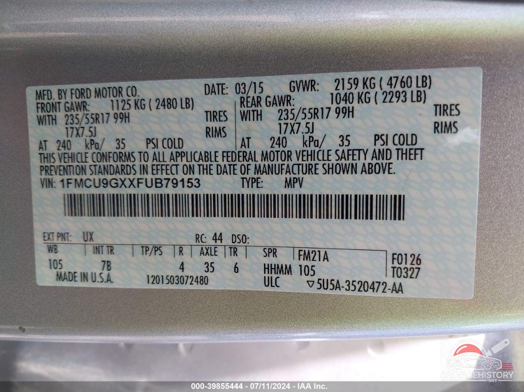 1FMCU9GXXFUB79153 2015 FORD ESCAPE photo no. 9