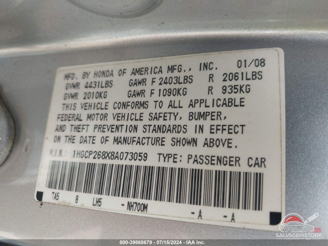 1HGCP268X8A073059 2008 HONDA ACCORD photo no. 9