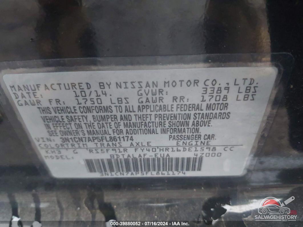 3N1CN7AP5FL861174 2015 NISSAN VERSA photo no. 9