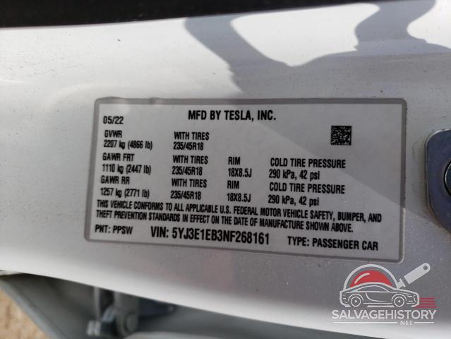 5YJ3E1EB3NF268161 2022 TESLA MODEL 3 photo no. 12