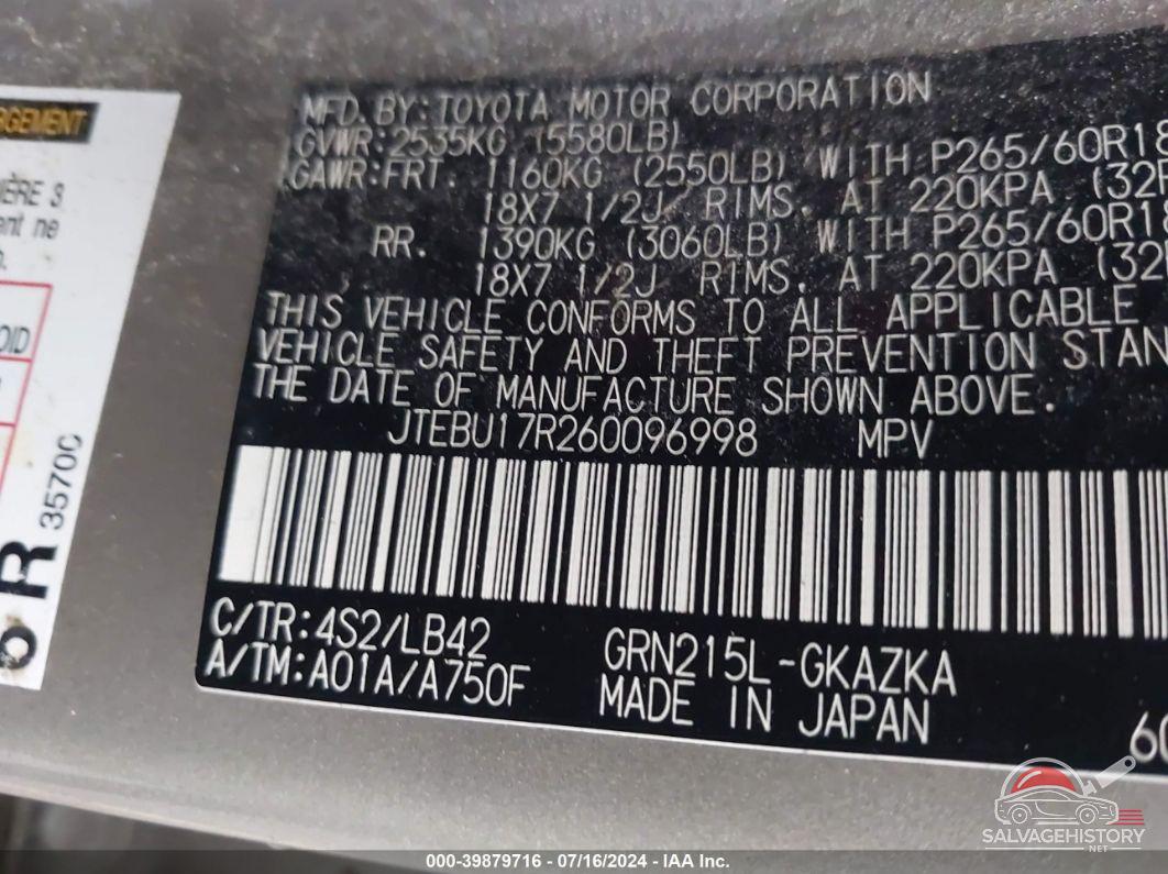 JTEBU17R260096998 2006 TOYOTA 4RUNNER photo no. 9