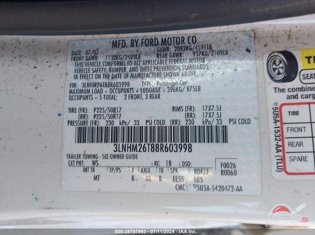 3LNHM26T88R603998 2008 LINCOLN MKZ photo no. 9