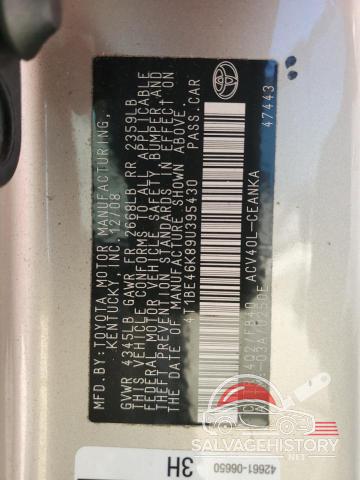 4T1BE46K89U395430 2009 TOYOTA CAMRY photo no. 12