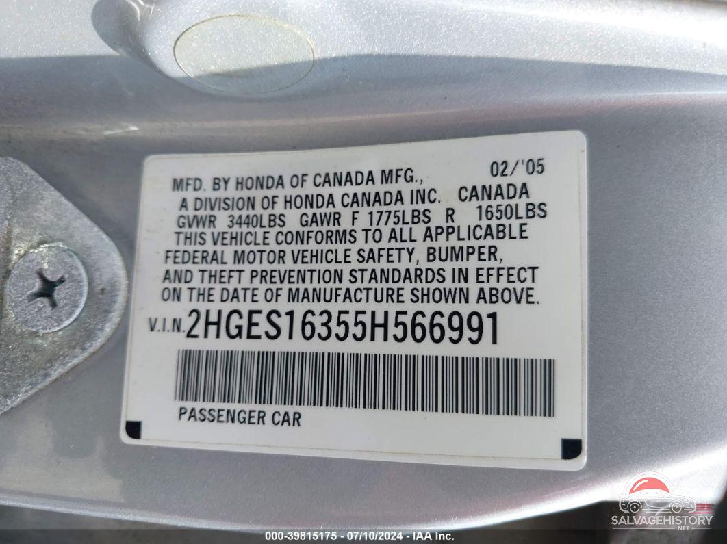 2HGES16355H566991 2005 HONDA CIVIC photo no. 9
