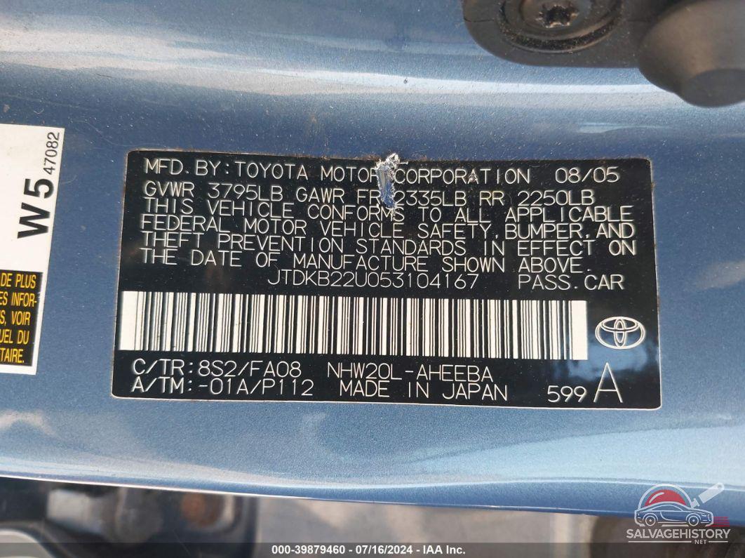 JTDKB22U053104167 2005 TOYOTA PRIUS photo no. 9
