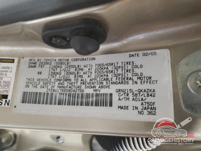 JTEBU17R858042766 2005 TOYOTA 4RUNNER photo no. 13