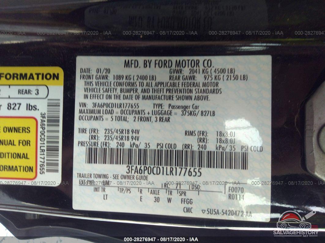 3FA6P0CD1LR177655 2020 FORD FUSION photo no. 9