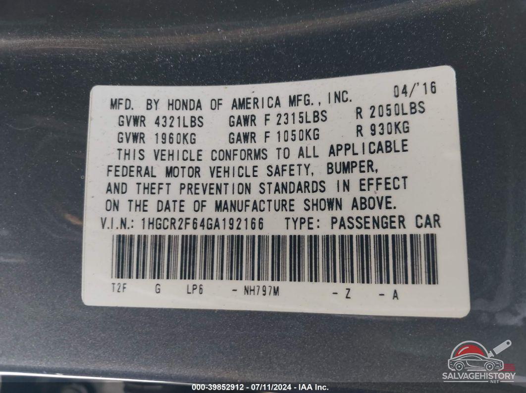 1HGCR2F64GA192166 2016 HONDA ACCORD photo no. 9