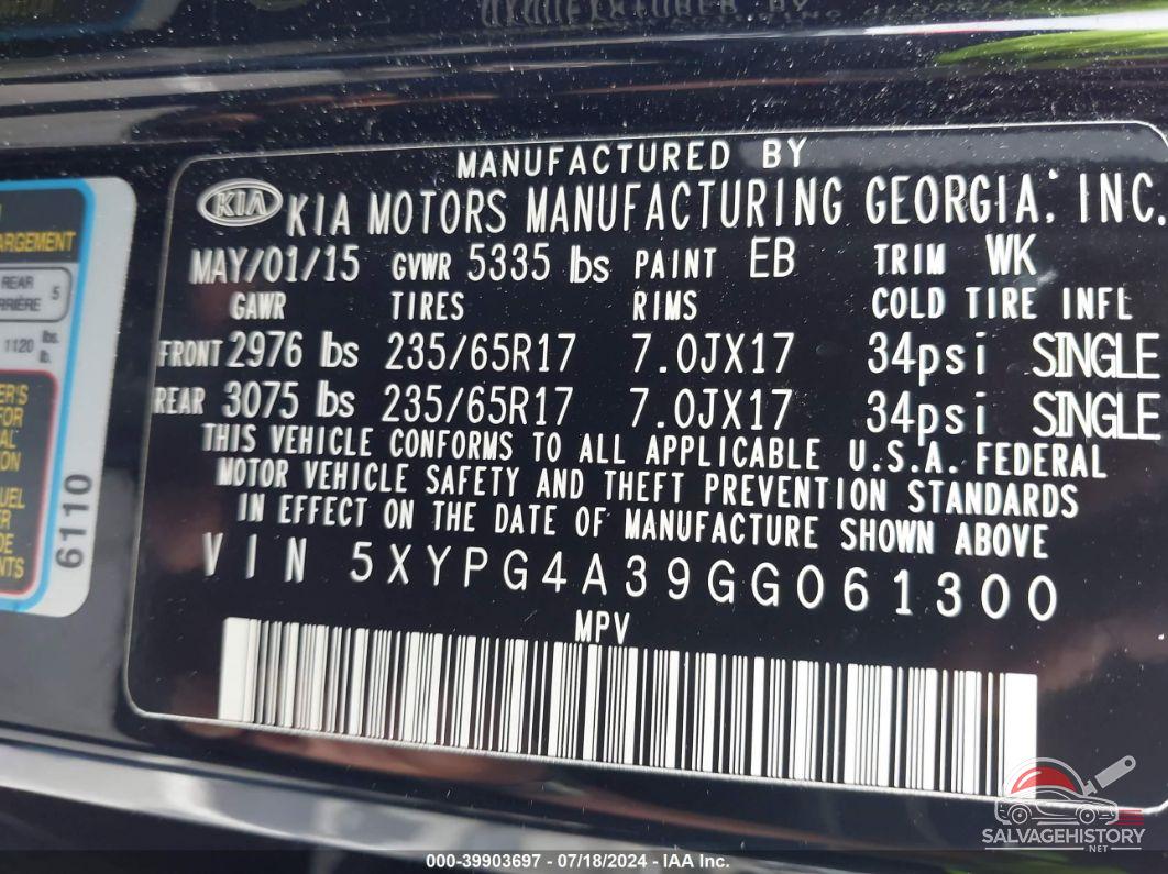 5XYPG4A39GG061300 2016 KIA SORENTO photo no. 9