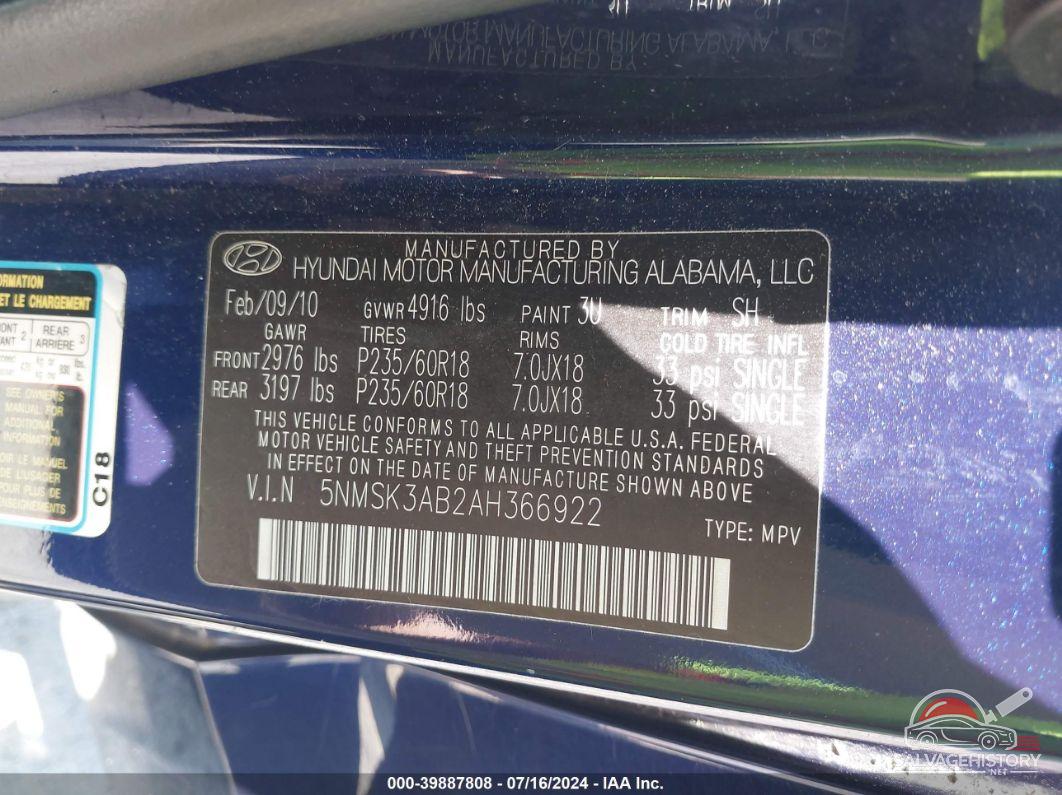 5NMSK3AB2AH366922 2010 HYUNDAI SANTA FE photo no. 9