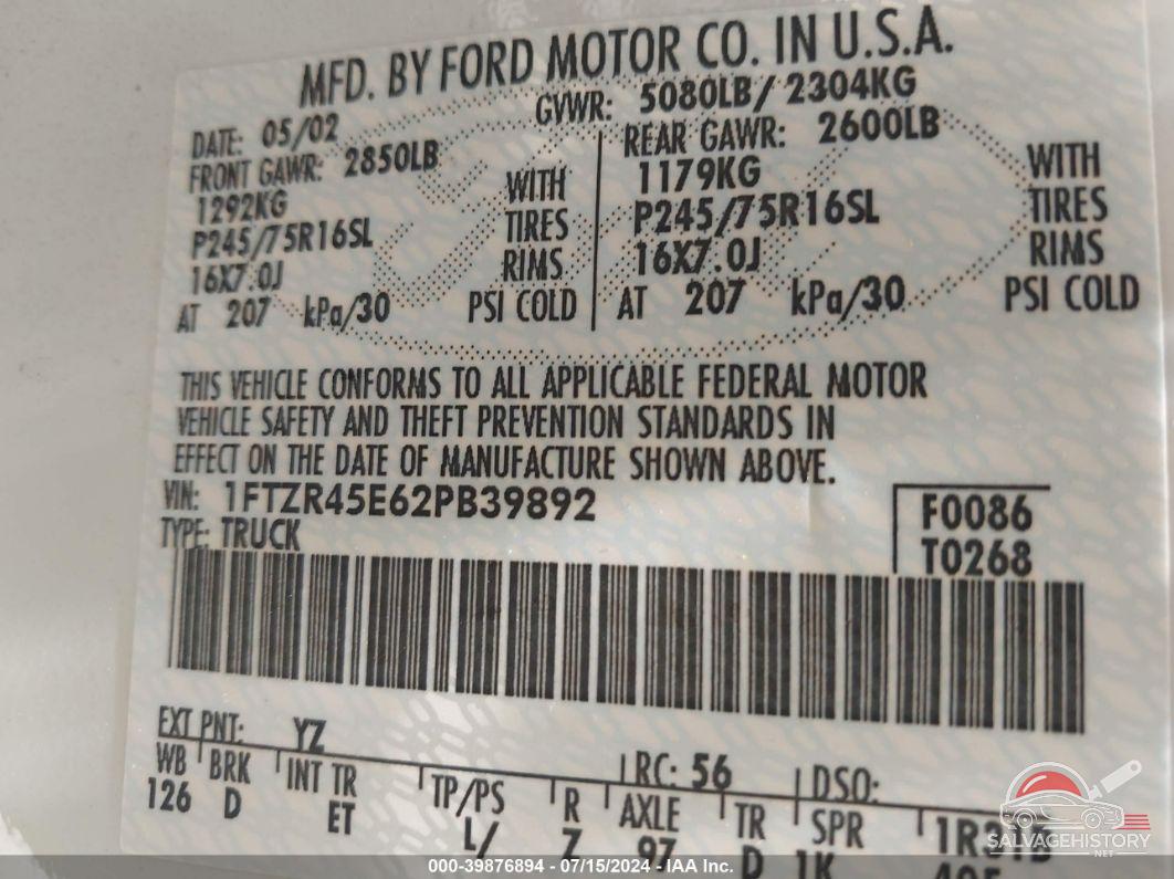 1FTZR45E62PB39892 2002 FORD RANGER photo no. 9