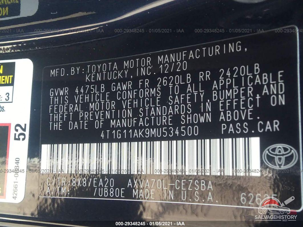 4T1G11AK9MU534500 2021 TOYOTA CAMRY photo no. 9