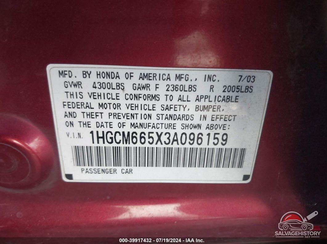 1HGCM665X3A096159 2003 HONDA ACCORD photo no. 9