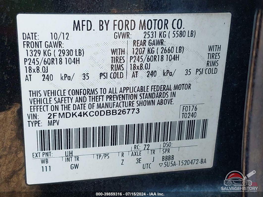 2FMDK4KC0DBB26773 2013 FORD EDGE photo no. 9
