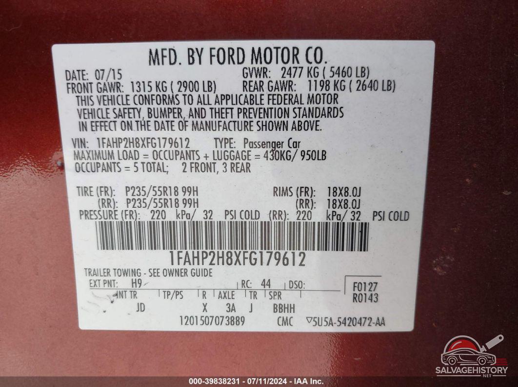 1FAHP2H8XFG179612 2015 FORD TAURUS photo no. 9