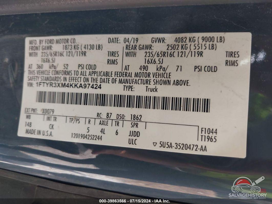 1FTYR3XM4KKA97424 2019 FORD TRANSIT-250 photo no. 9