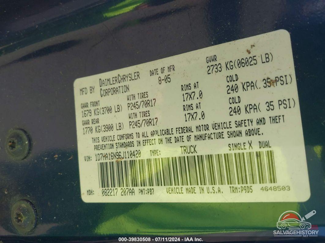 1D7HA16N96J110420 2006 DODGE RAM 1500 photo no. 9