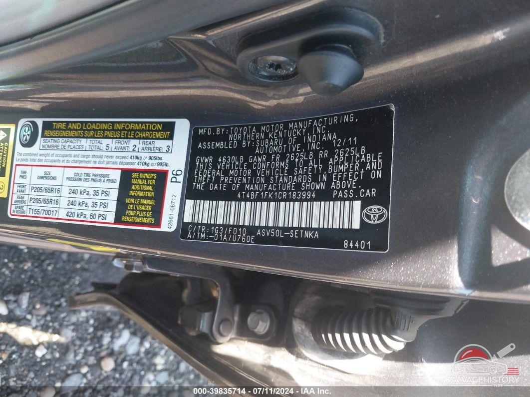 4T4BF1FK1CR183994 2012 TOYOTA CAMRY photo no. 9