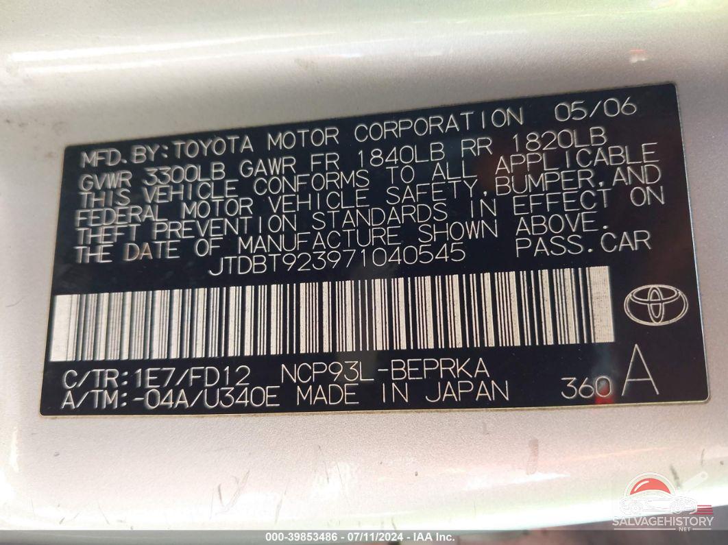 JTDBT923971040545 2007 TOYOTA YARIS photo no. 9