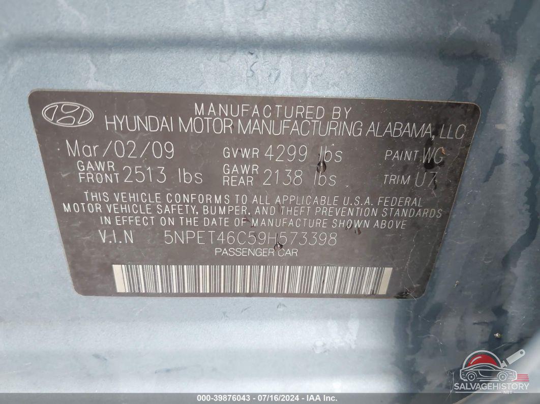 5NPET46C59H573398 2009 HYUNDAI SONATA photo no. 9