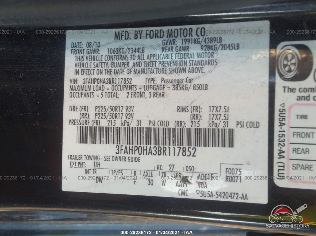 3FAHP0HA3BR117852 2011 FORD FUSION photo no. 9