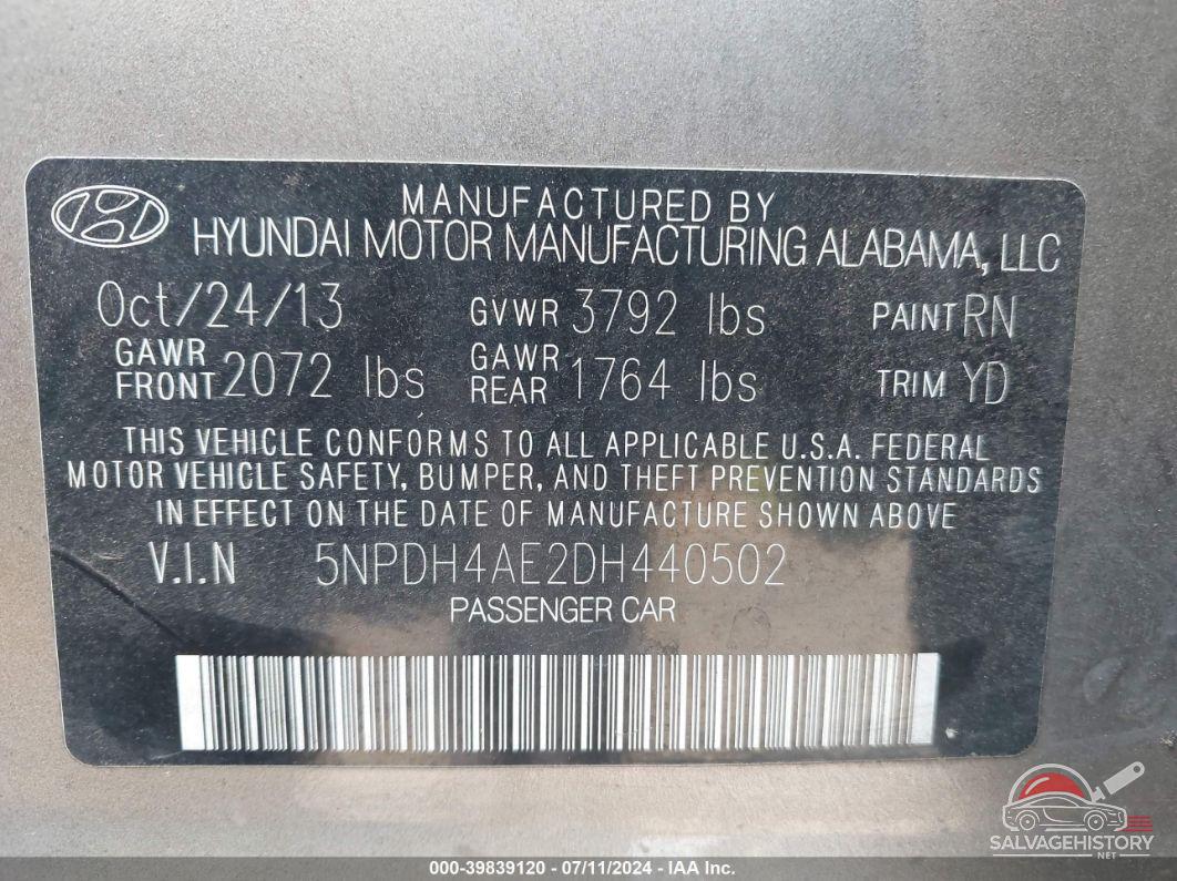 5NPDH4AE2DH440502 2013 HYUNDAI ELANTRA photo no. 9